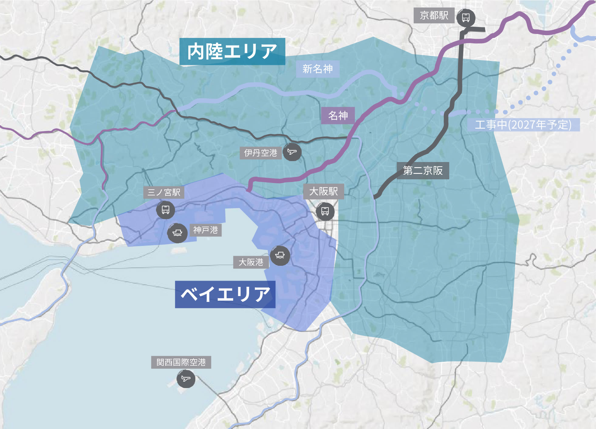 日本関西地方の物流圏、大阪圏の分布エリアマップ